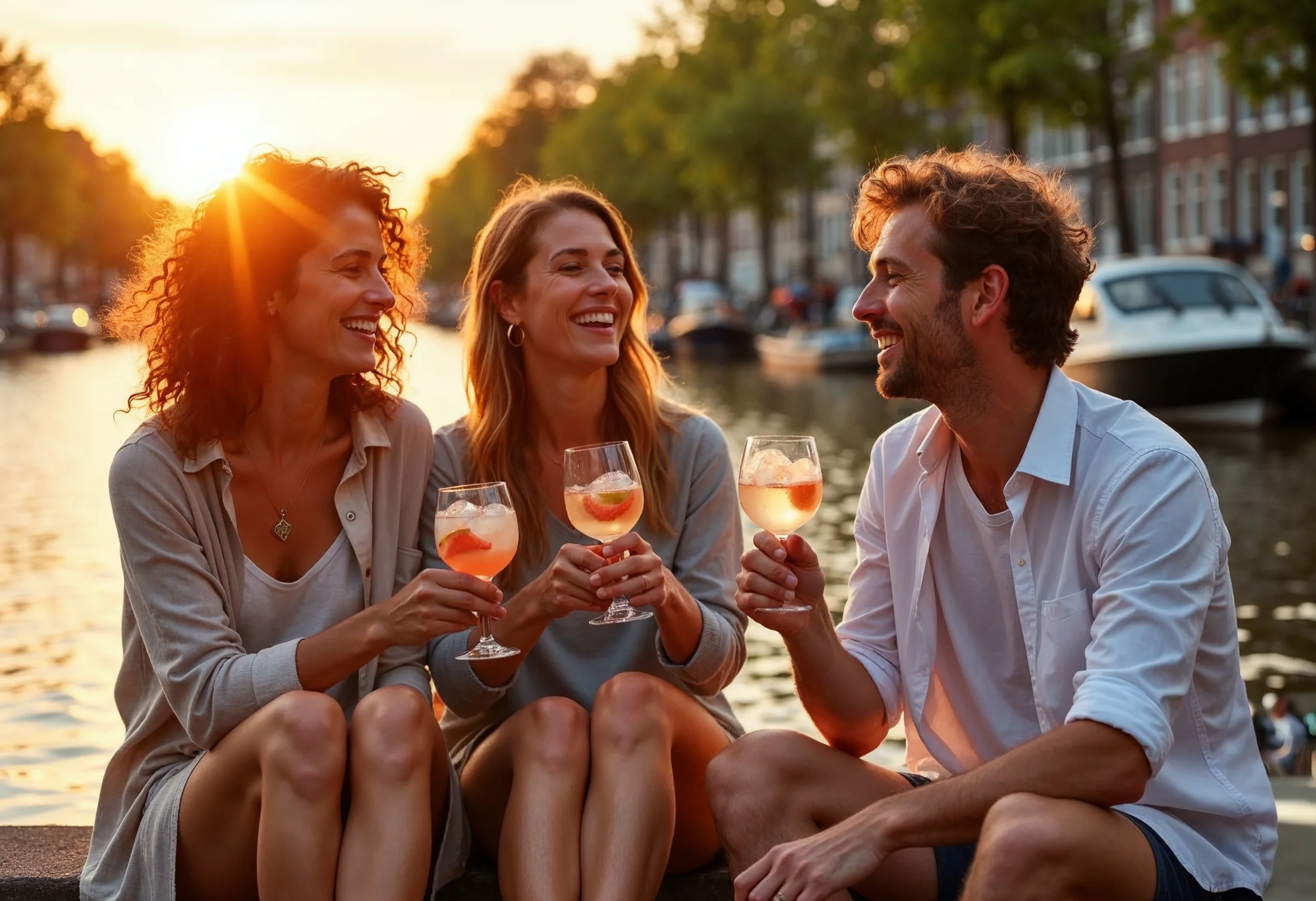 Vrienden met drinks aan de gracht